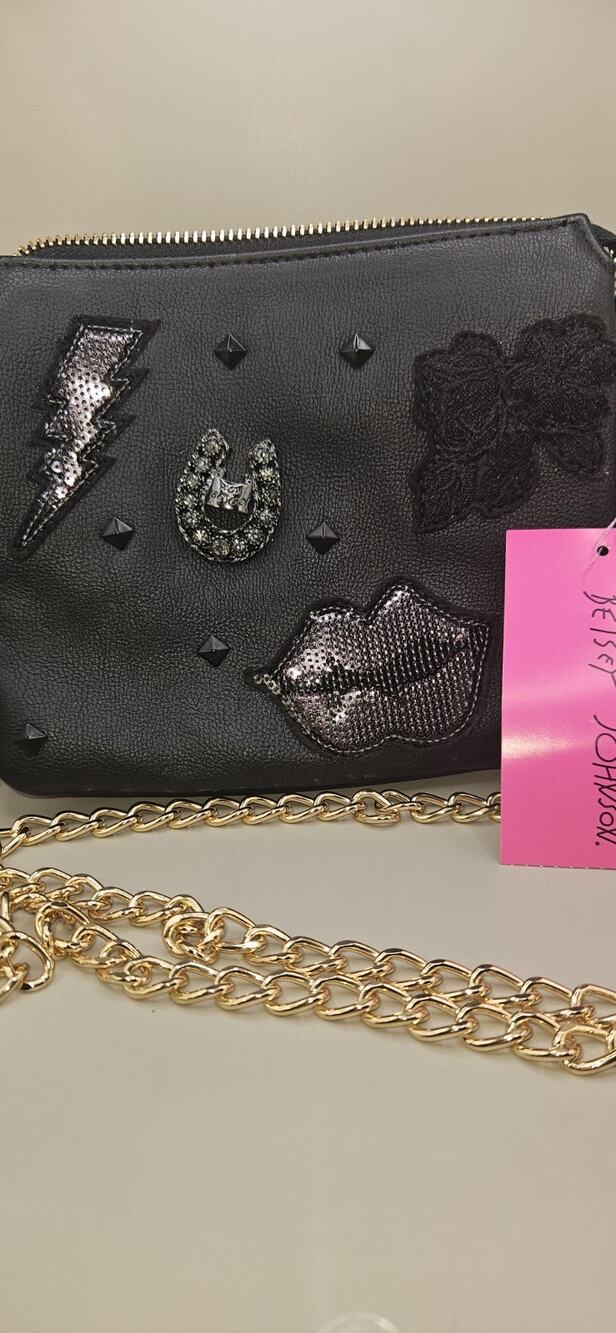 Betsey Johnson Gold & Black Sequin Lip Embellished Small Crossbody Bag, NWT